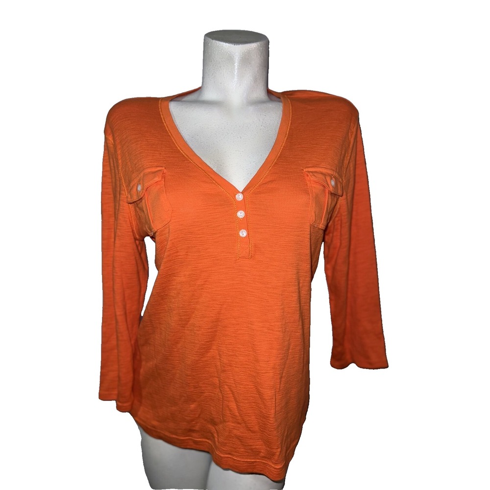 CHAPS Classics Womens XL Orange V-Neck Slub Knit 3/4 Sleeve Pocket Top Pullover